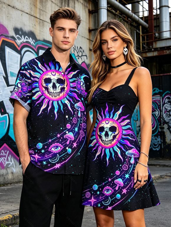 Vacation Couple Outfit Psychedelic Cosmic Sun‑Skull Starry Sky Print Ruched Bust Mini Dress and Shirt Set - Noir S | US 4