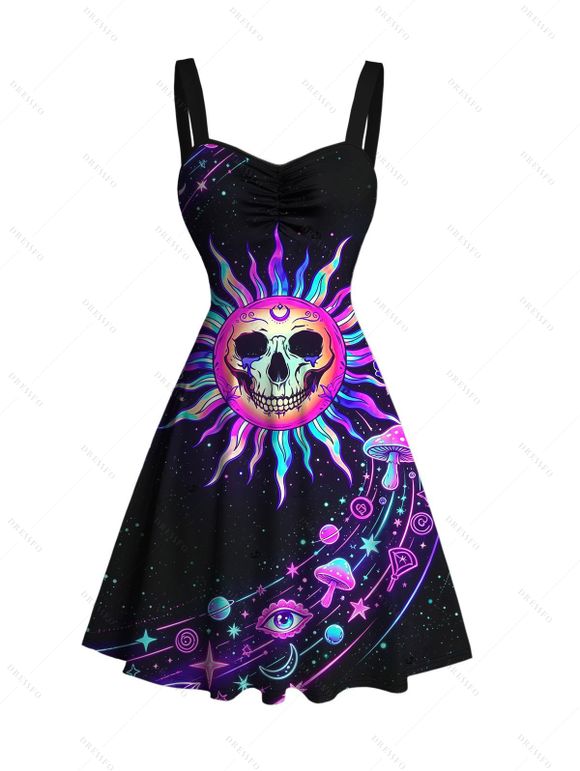 Vacation Couple Outfit Psychedelic Cosmic Sun‑Skull Starry Sky Print Ruched Bust Mini Dress and Shirt Set - Noir S | US 4