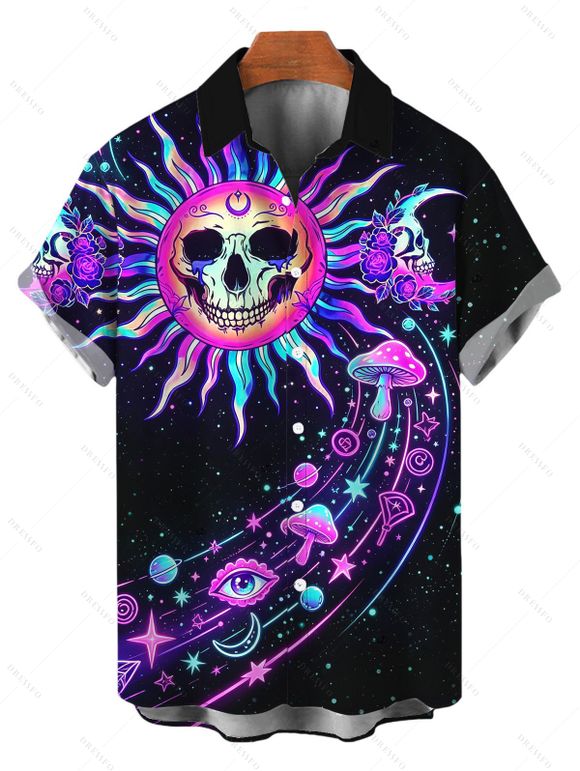 Vacation Couple Outfit Psychedelic Cosmic Sun‑Skull Starry Sky Print Ruched Bust Mini Dress and Shirt Set - Noir S | US 4