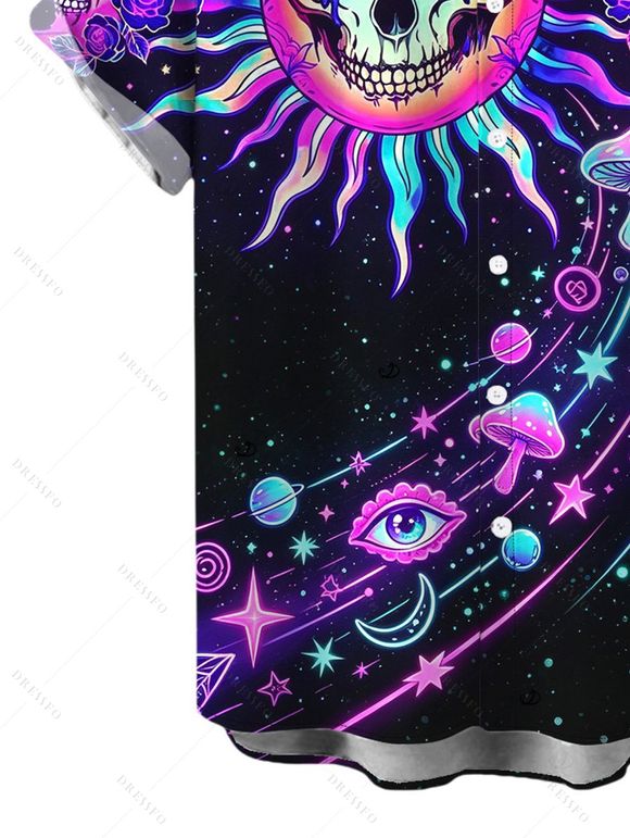 Vacation Couple Outfit Psychedelic Cosmic Sun‑Skull Starry Sky Print Ruched Bust Mini Dress and Shirt Set - Noir S | US 4