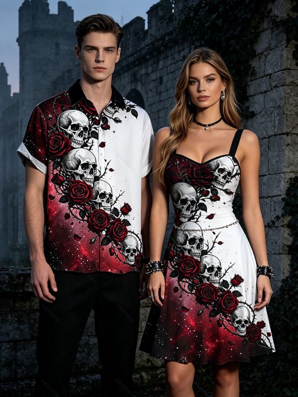Gothic Couple Outfit Contrast Color Galaxy Rose Floral Skulls Print Ruched Bust Mini Dress and Shirt Set - Rouge foncé S | US 4