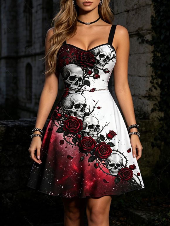 Gothic Couple Outfit Contrast Color Galaxy Rose Floral Skulls Print Ruched Bust Mini Dress and Shirt Set - Rouge foncé S | US 4