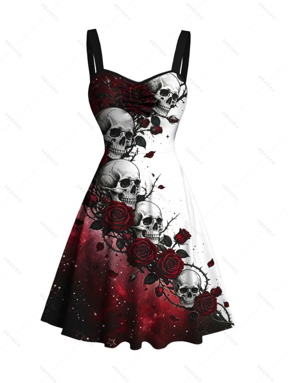 Gothic Couple Outfit Contrast Color Galaxy Rose Floral Skulls Print Ruched Bust Mini Dress and Shirt Set - Rouge foncé S | US 4