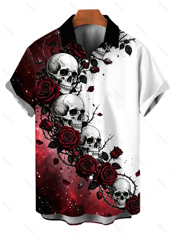 Gothic Couple Outfit Contrast Color Galaxy Rose Floral Skulls Print Ruched Bust Mini Dress and Shirt Set - Rouge foncé S | US 4