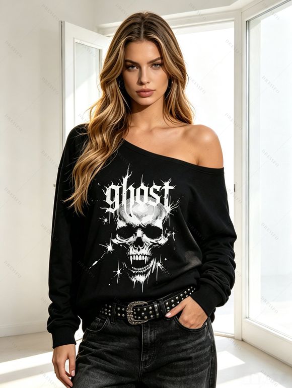 Gothic Sweatshirt Letter Skulls Star Print Skew Neck Pullover Sweatshirt - Noir XXL | US 14