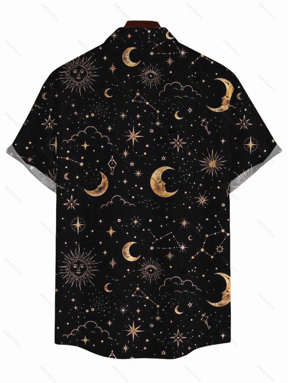 Men's Vintage Shirt Mystical Celestial Moon Star Print Button Up Shirt - Noir S