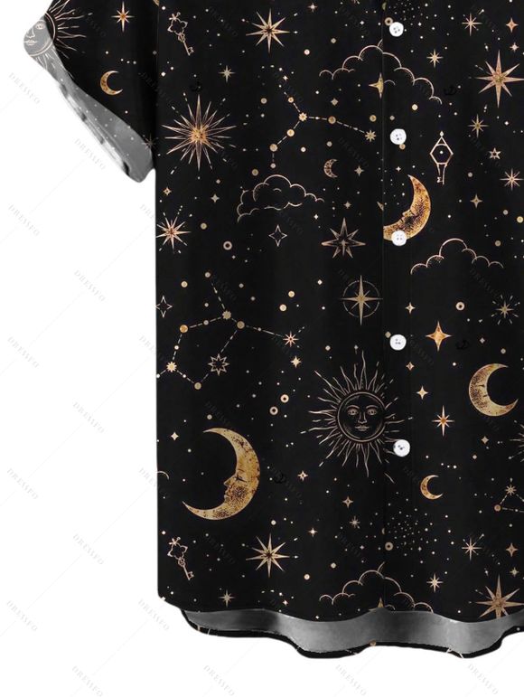 Men's Vintage Shirt Mystical Celestial Moon Star Print Button Up Shirt - Noir S