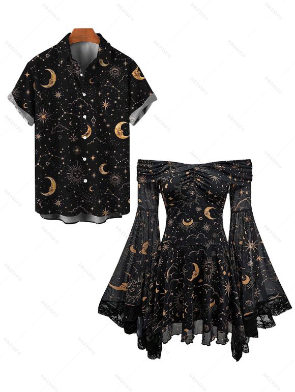 Gothic Couple Outfit Vintage Mystical Celestial Moon Star Print Off the Shoulder Bell Sleeve Dress and Shirt Set - Noir S | US 4