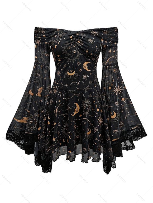 Gothic Couple Outfit Vintage Mystical Celestial Moon Star Print Off the Shoulder Bell Sleeve Dress and Shirt Set - Noir S | US 4