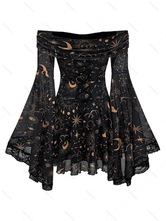 Gothic Couple Outfit Vintage Mystical Celestial Moon Star Print Off the Shoulder Bell Sleeve Dress and Shirt Set - Noir S | US 4