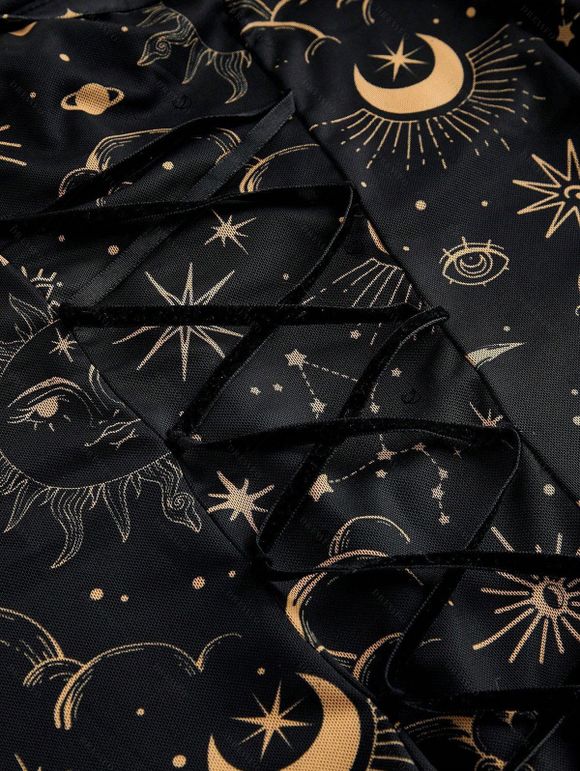 Gothic Couple Outfit Vintage Mystical Celestial Moon Star Print Off the Shoulder Bell Sleeve Dress and Shirt Set - Noir S | US 4