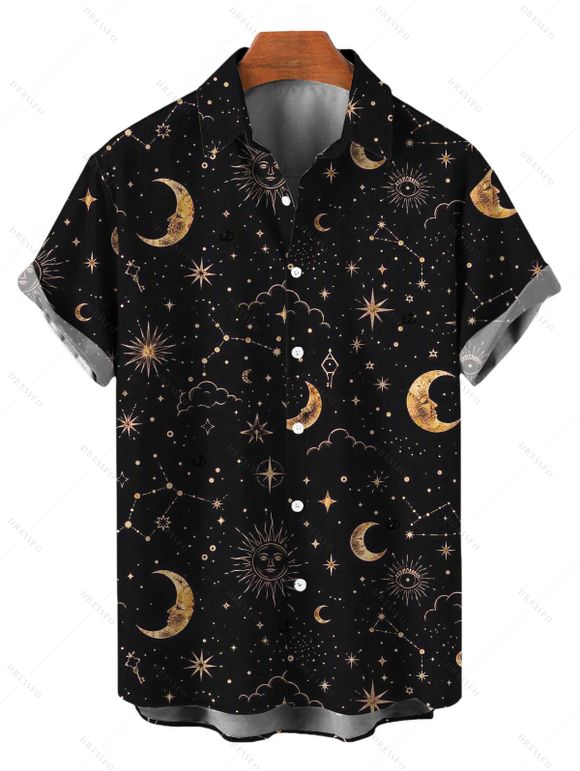 Gothic Couple Outfit Vintage Mystical Celestial Moon Star Print Off the Shoulder Bell Sleeve Dress and Shirt Set - Noir S | US 4