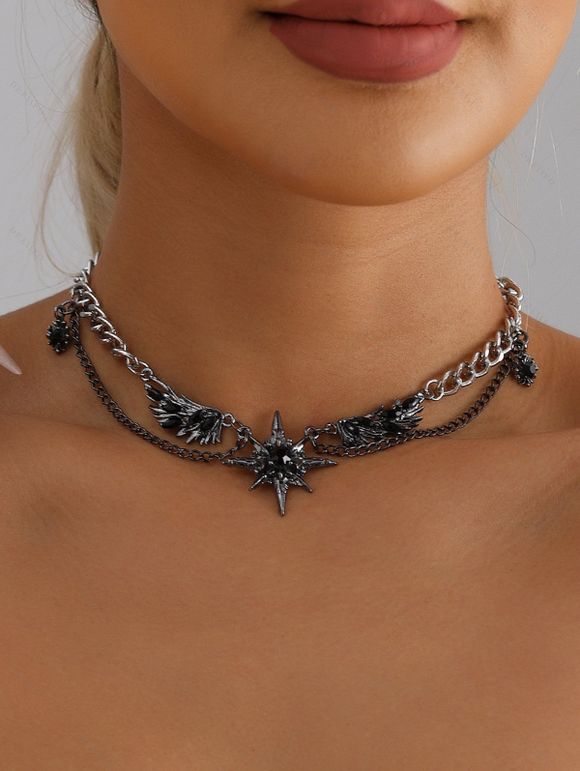 Gothic Antique Double Chain Necklace with Winged Star Charm - Argent 