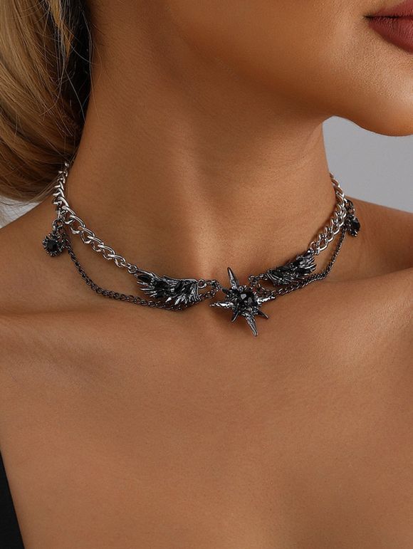 Gothic Antique Double Chain Necklace with Winged Star Charm - Argent 