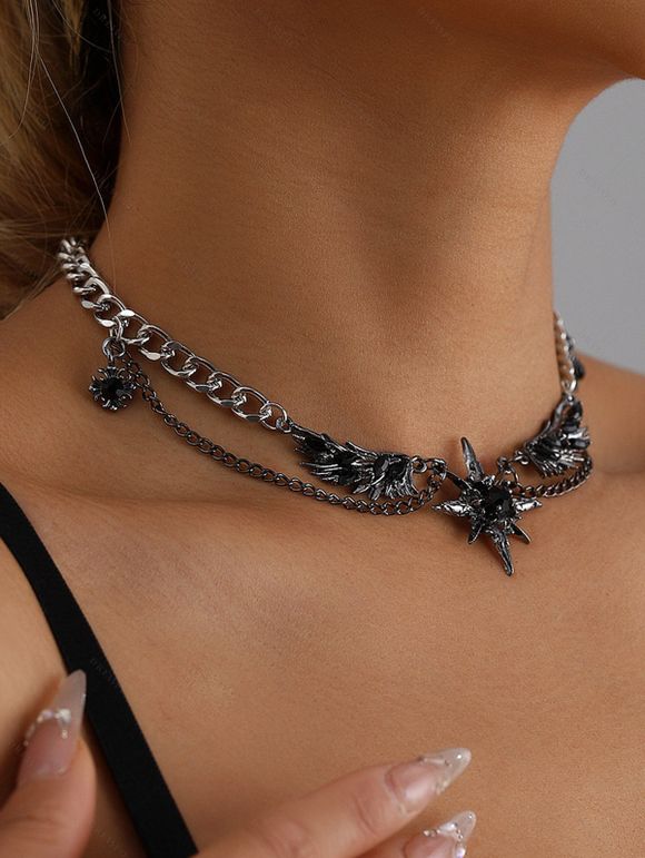 Gothic Antique Double Chain Necklace with Winged Star Charm - Argent 