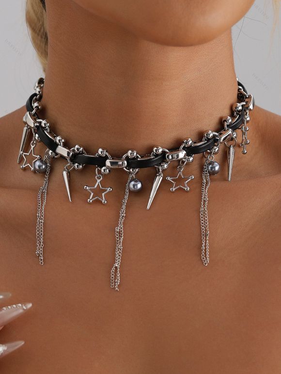 Punk Gothic Black Faux Leather Choker with Silver Spike & Star Charms Necklace - Argent 