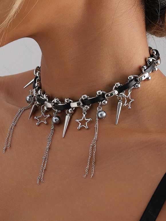 Punk Gothic Black Faux Leather Choker with Silver Spike & Star Charms Necklace - Argent 