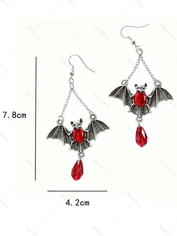 Gothic Bat Dangle Red Teardrop Gems Vintage Earrings - Argent 