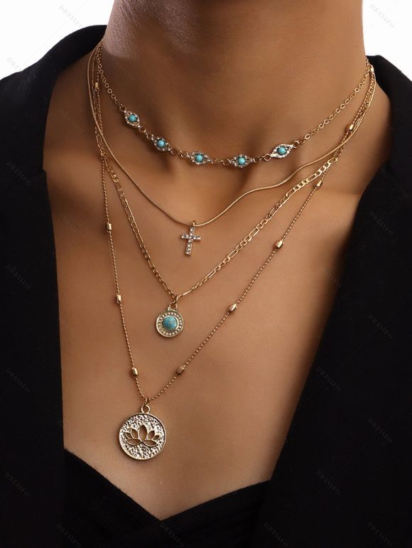 Trendy Multi-Layer Gold Chain with Turquoise Accents and Spiritual Pendants Necklace - d'or 
