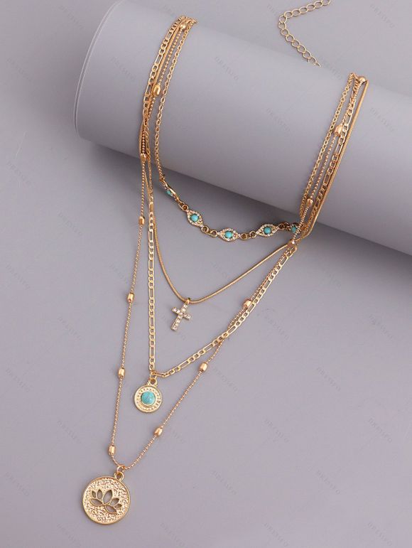 Trendy Multi-Layer Gold Chain with Turquoise Accents and Spiritual Pendants Necklace - d'or 