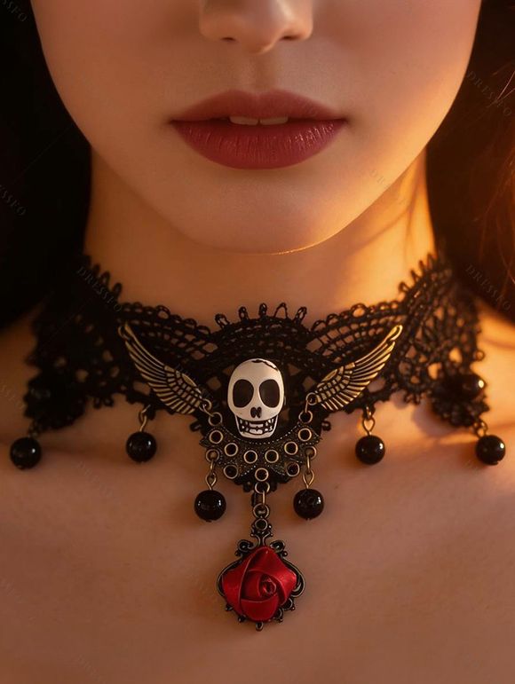 Halloween Gothic Black Lace Skull & Red Rose Pendant Choker Necklace - Noir 