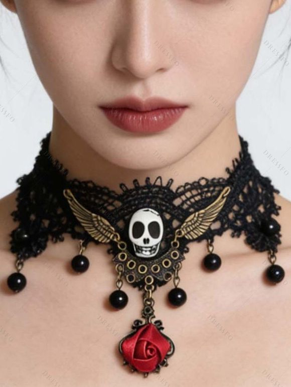 Halloween Gothic Black Lace Skull & Red Rose Pendant Choker Necklace - Noir 