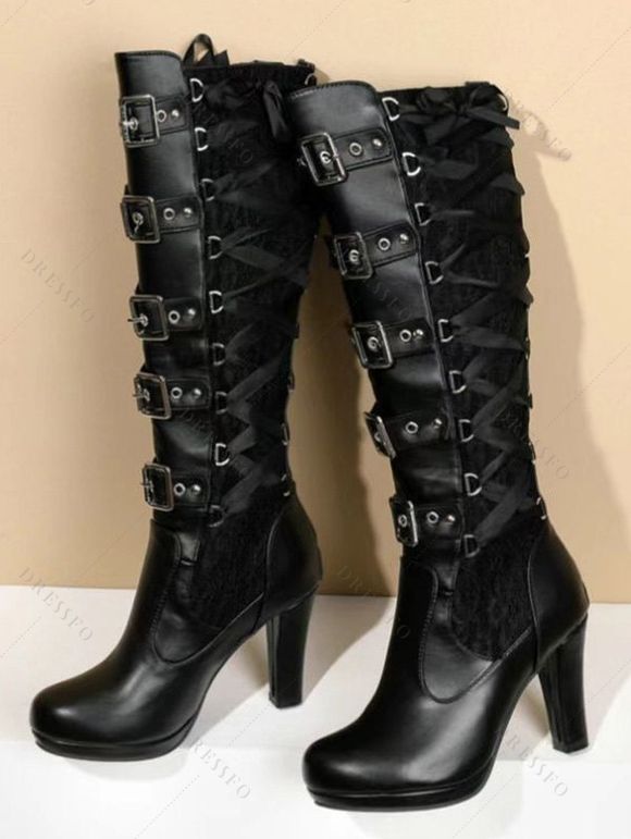 Gothic Lace & Strap Platform Buckle Boots - Noir EU 35