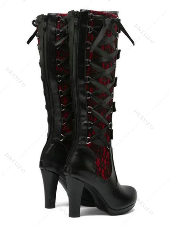 Gothic Lace & Strap Platform Buckle Boots - Rouge EU 43