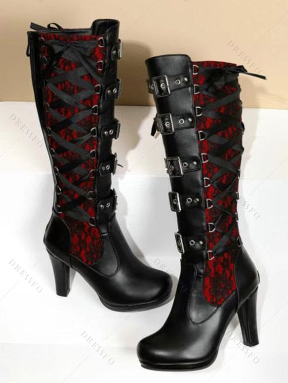 Gothic Lace & Strap Platform Buckle Boots - Rouge EU 43