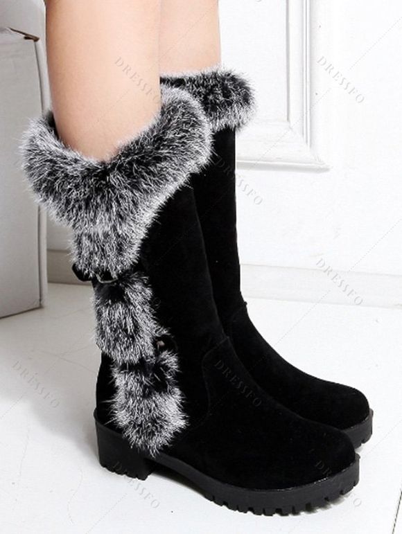 Faux Fur Trimmed Burgundy Suede Mid-Calf Boots - Noir EU 34