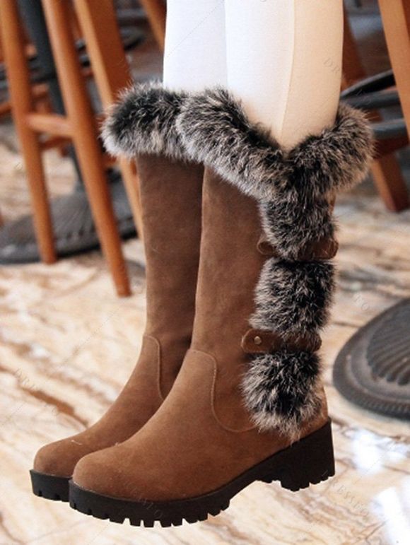 Faux Fur Trimmed Burgundy Suede Mid-Calf Boots - marron foncé EU 36