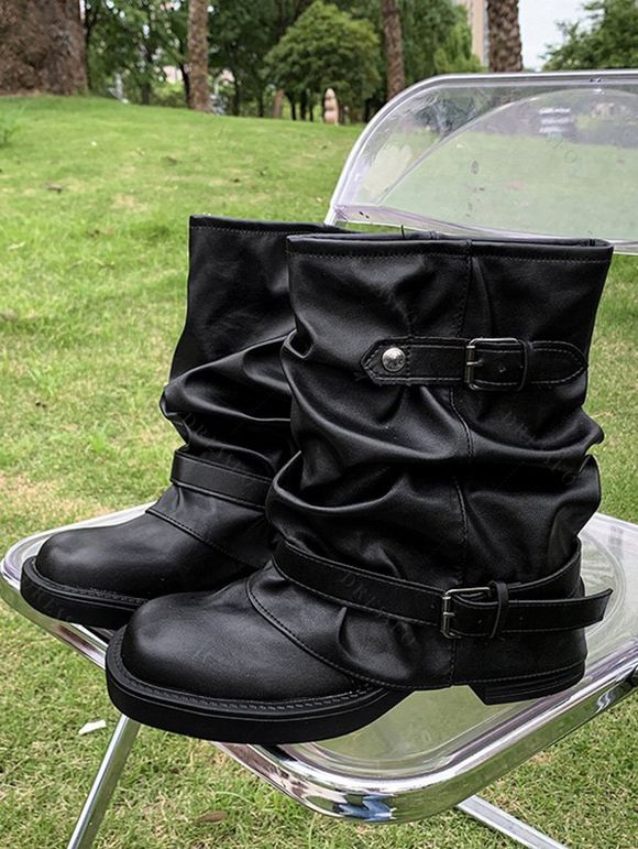 Comfy Vintage Buckled Slouch Streetwear Adjustable Boots - Noir EU 38