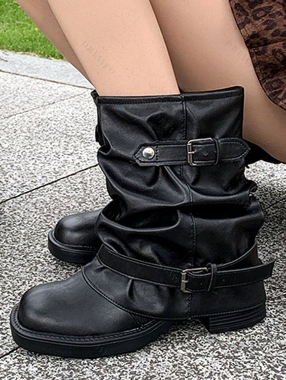 Comfy Vintage Buckled Slouch Streetwear Adjustable Boots - Noir EU 38