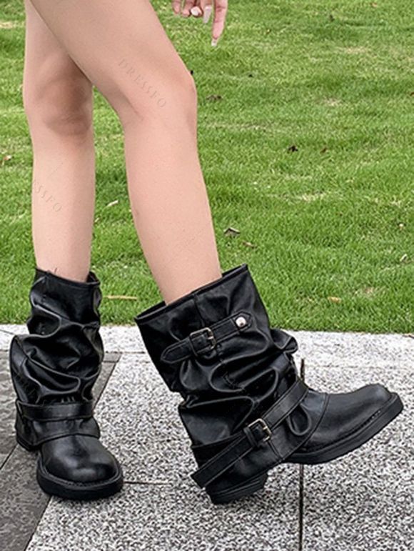 Comfy Vintage Buckled Slouch Streetwear Adjustable Boots - Noir EU 38