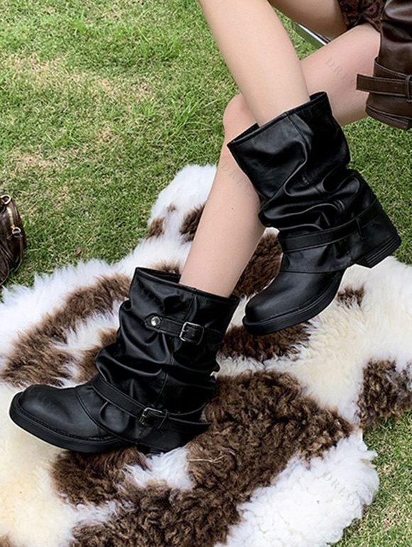 Comfy Vintage Buckled Slouch Streetwear Adjustable Boots - Noir EU 38