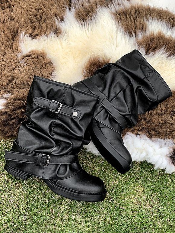 Comfy Vintage Buckled Slouch Streetwear Adjustable Boots - Noir EU 38