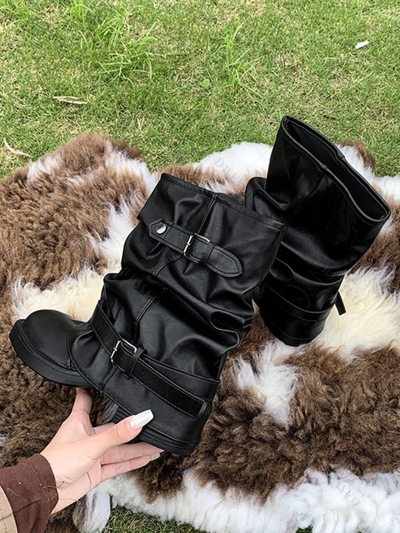 Comfy Vintage Buckled Slouch Streetwear Adjustable Boots - Noir EU 38