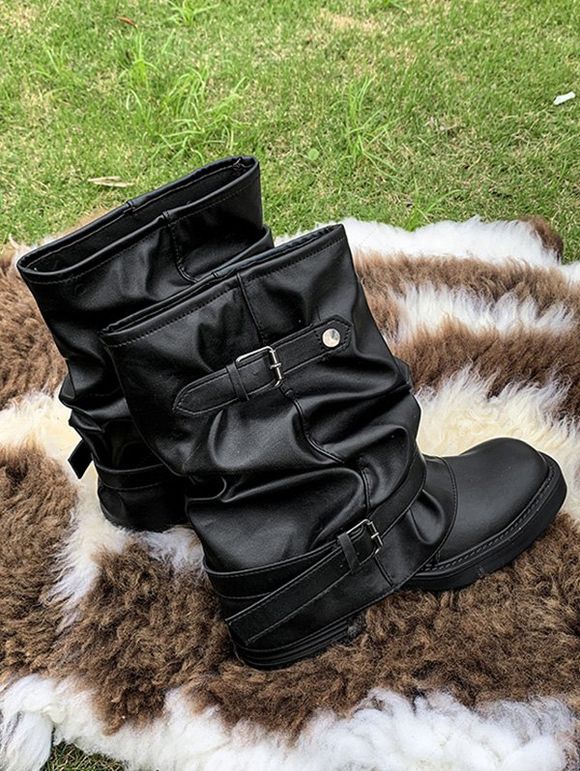 Comfy Vintage Buckled Slouch Streetwear Adjustable Boots - Noir EU 38