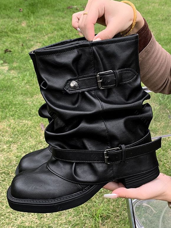 Comfy Vintage Buckled Slouch Streetwear Adjustable Boots - Noir EU 38