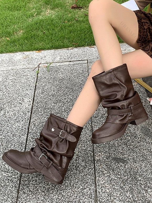 Comfy Vintage Buckled Slouch Streetwear Adjustable Boots - marron foncé EU 36