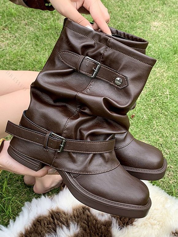 Comfy Vintage Buckled Slouch Streetwear Adjustable Boots - marron foncé EU 36