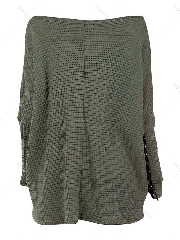 Casual Outfit Solid Color Textured Skew Neck Top and Grommet Leggings Set - Vert Armée S | US 4