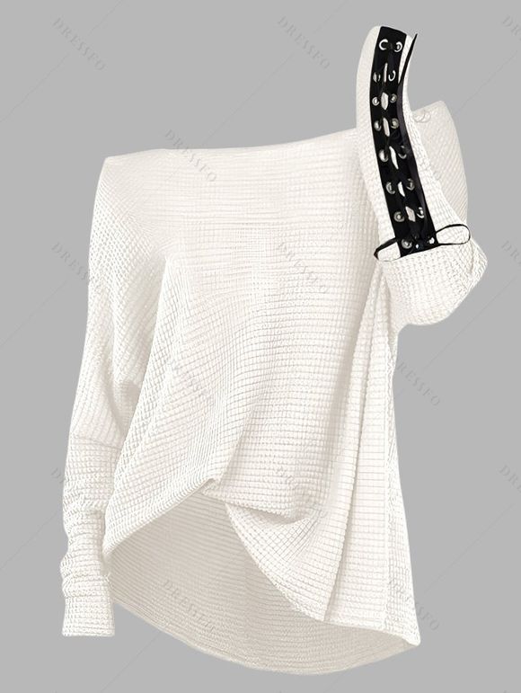 Women Outfit Skew Neck Textured Solid Color Top and Grommet Lace Up Leggings Set - Blanc S | US 4