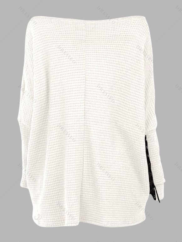 Women Outfit Skew Neck Textured Solid Color Top and Grommet Lace Up Leggings Set - Blanc S | US 4