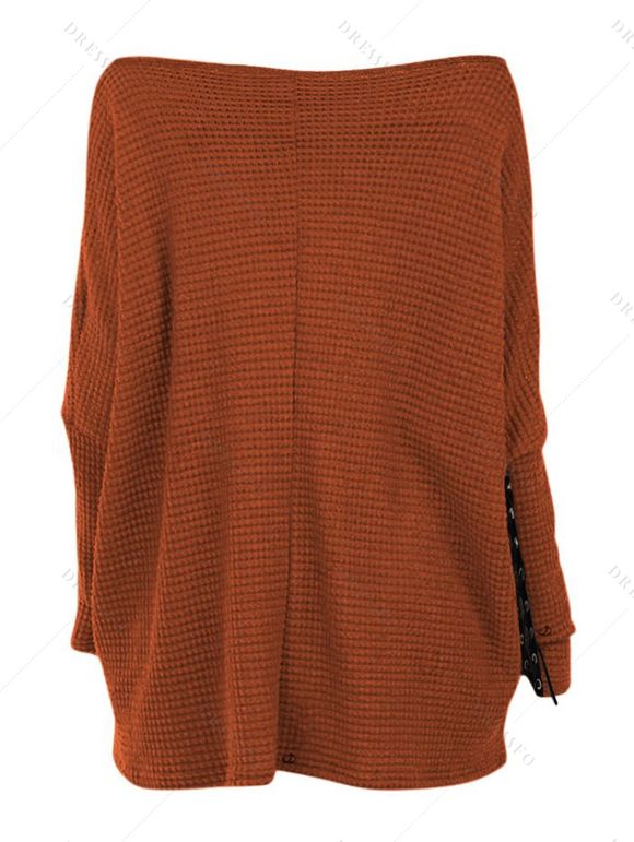 Women Outfit Skew Neck Textured Solid Color Top and Grommet Lace Up Leggings Set - Couleur Caramel S | US 4