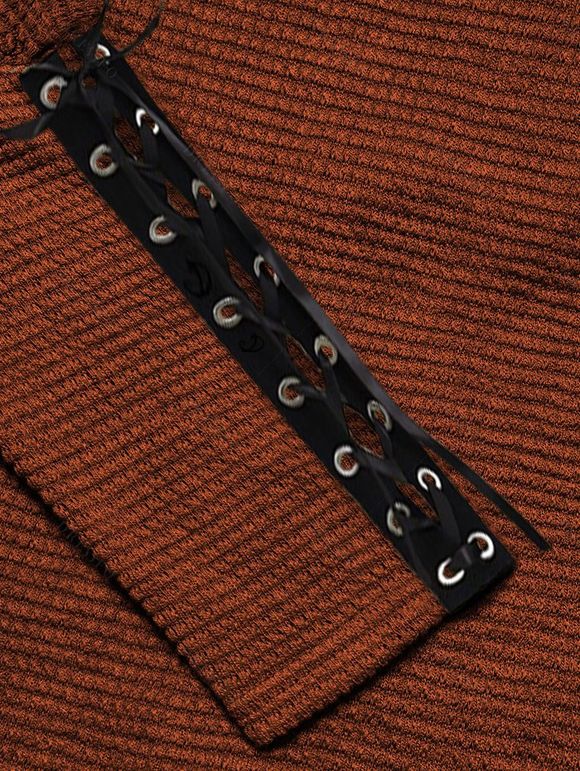 Women Outfit Skew Neck Textured Solid Color Top and Grommet Lace Up Leggings Set - Couleur Caramel S | US 4