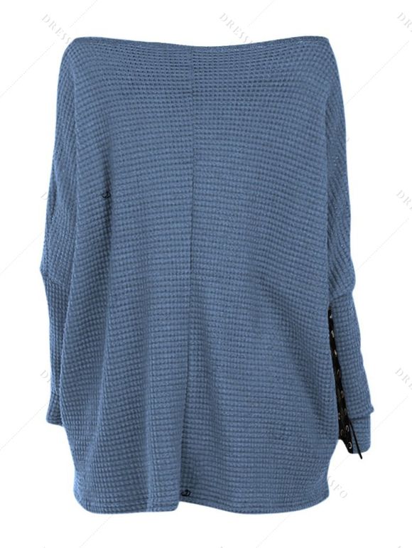 Women Outfit Skew Neck Textured Solid Color Top and Grommet Lace Up Leggings Set - Bleu S | US 4