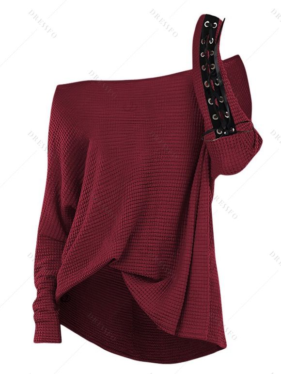 Women Gothic Outfit Textured Skew Neck Top and Grommet Hollow Out Pants Set - Rouge foncé S | US 4