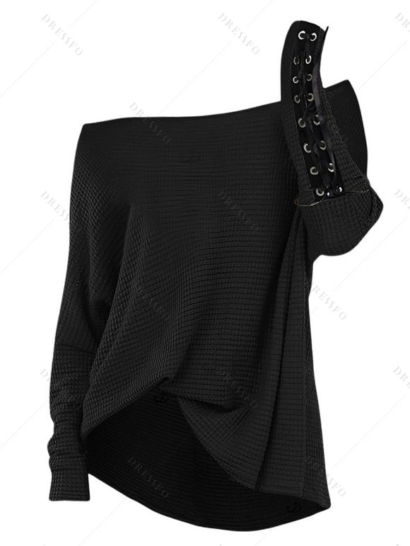 Women Gothic Outfit Textured Skew Neck Top and Grommet Hollow Out Pants Set - Noir S | US 4
