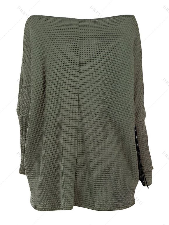 Women Outfit Textured Skew Neck Top Grommet Leggings and Buckle Boots Set - Vert Armée S | US 4